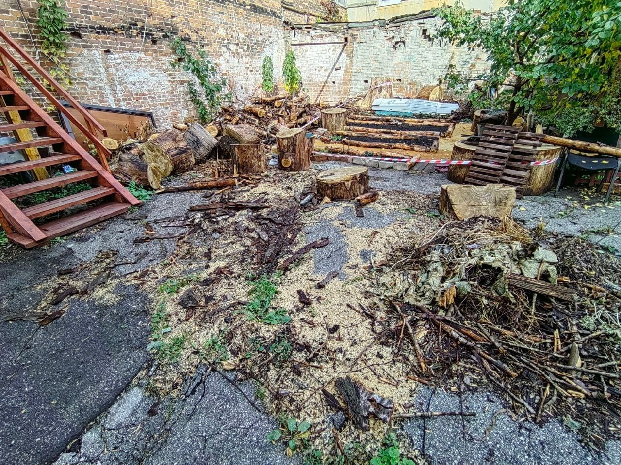 Во дворе дома №45 по улице Степана Разина уже больше месяца не убирают последствия спила дерева Во дворе дома №45 по улице Степана Разина уже больше месяца не убирают последствия спила дерева