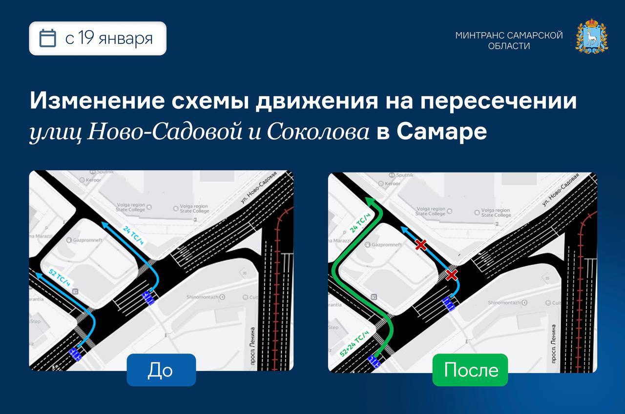 В Самаре изменится организация движения на пересечении улиц Ново-Садовой и Соколова