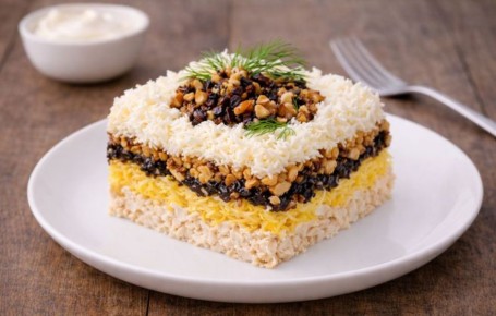 Салат Нежность как минимум две цены ниже ресторана и выглядит богато